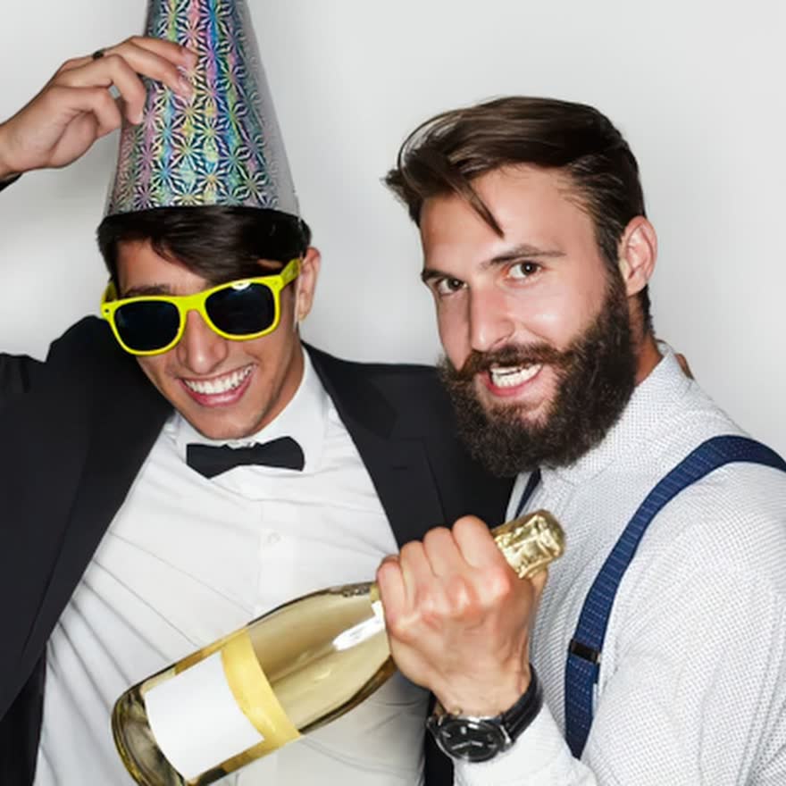 Novio con lentes de fiesta sosteniendo champaña junto a su amigo